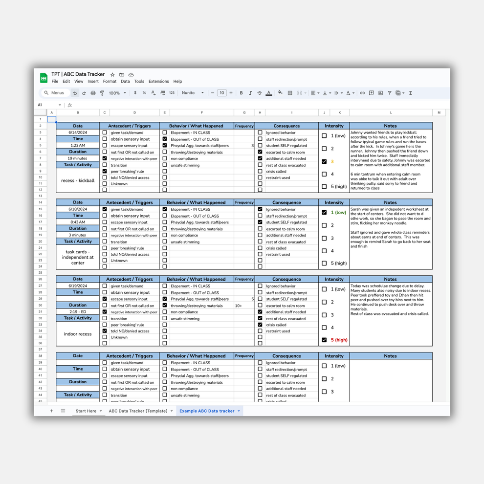 ABC Data Tracker | Editable Behavior Data Sheet for Special Ed – Sheets ...