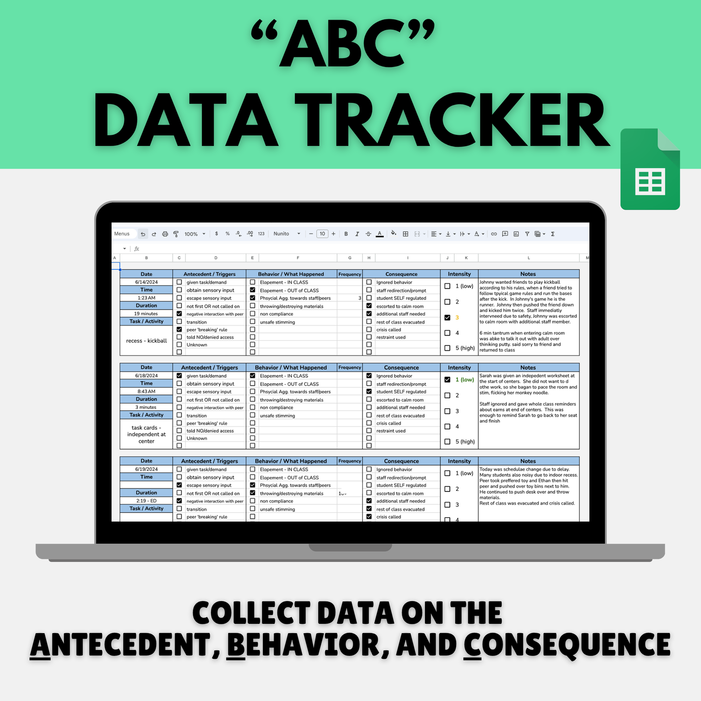 ABC Data Tracker | Editable Behavior Data Sheet for Special Ed