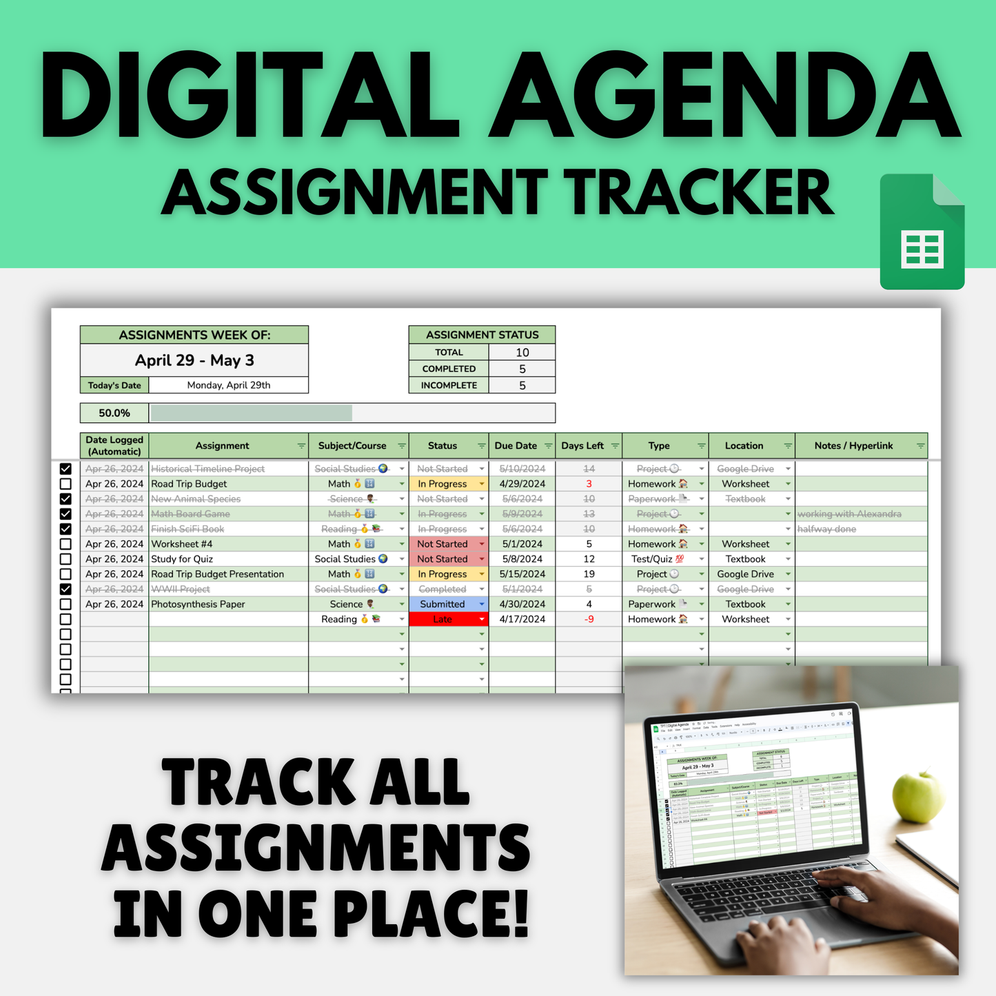 Digital Agenda | Editable Assignment Tracker for Students